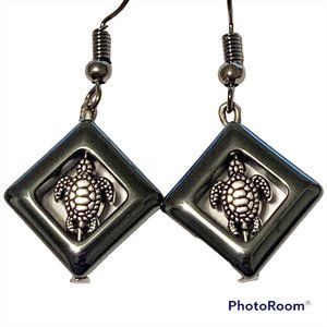 Hematite Turtle Earrings Silver Tone Plated Black Stone Nautical Island Beach